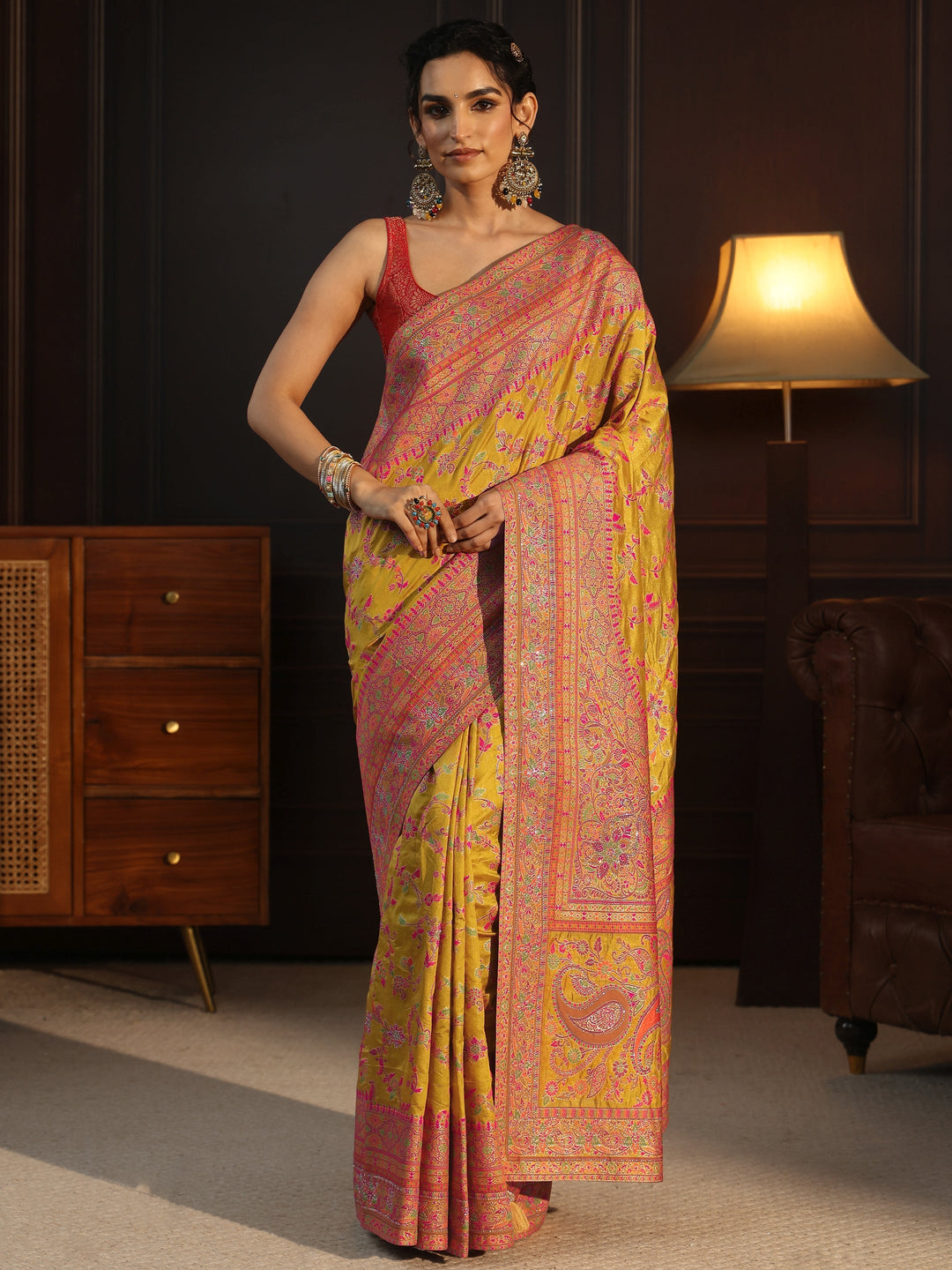  Libas Art Mustard Floral Design Embellished Silk Blend Saree 