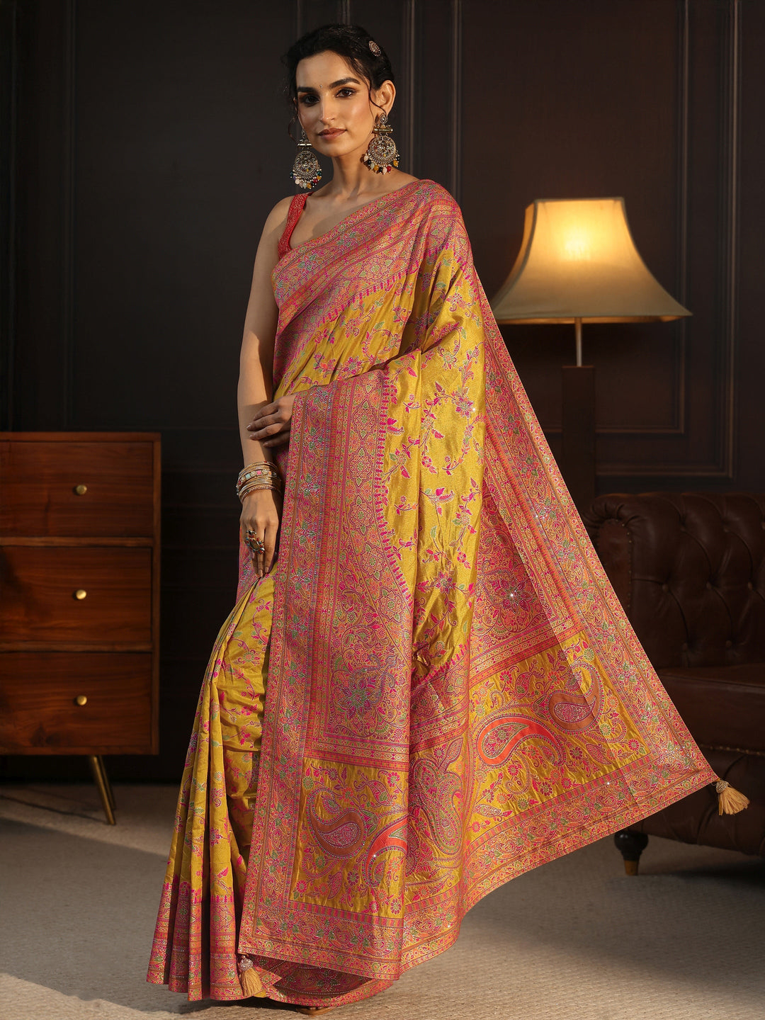  Libas Art Mustard Floral Design Embellished Silk Blend Saree 