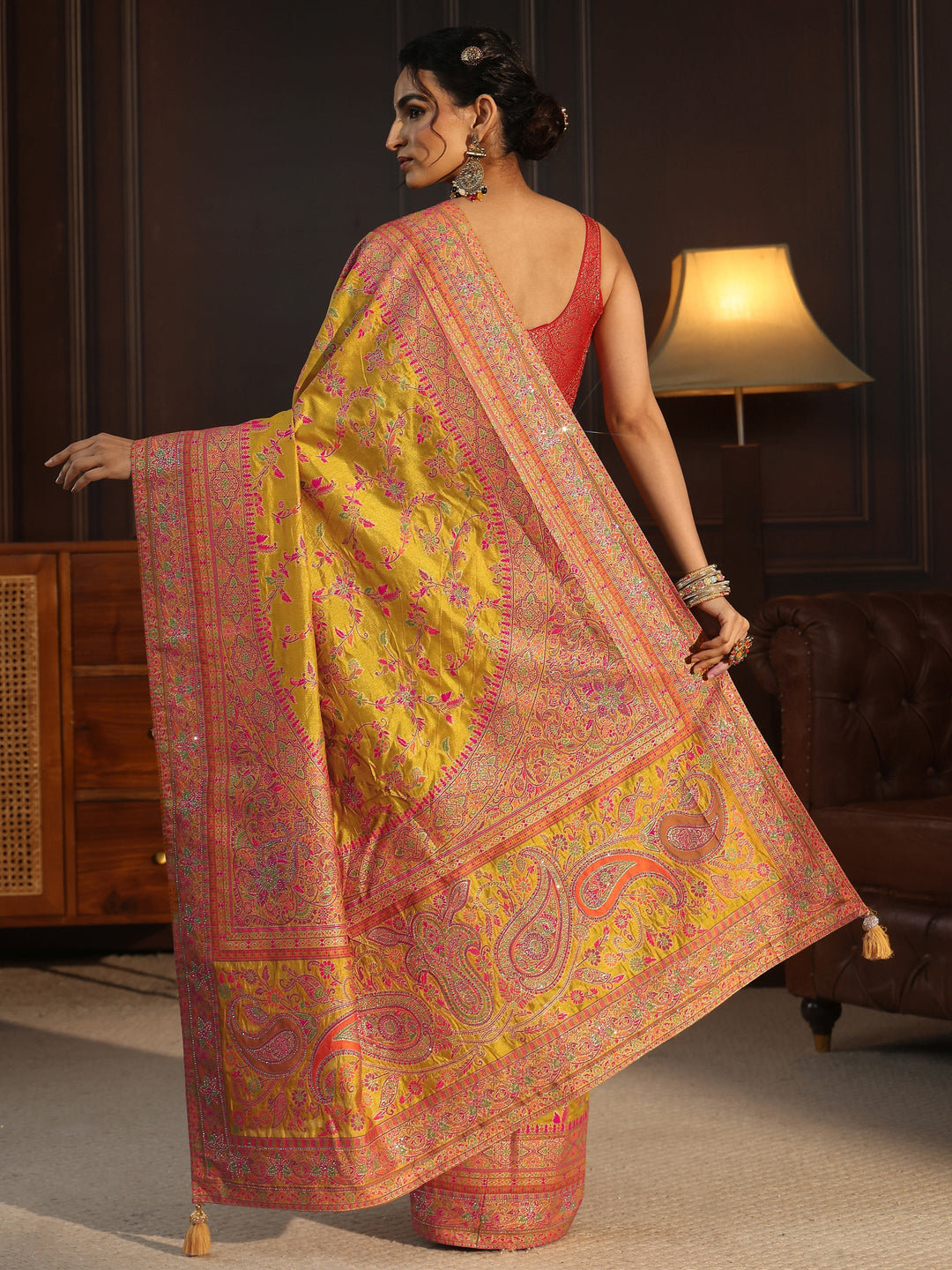  Libas Art Mustard Floral Design Embellished Silk Blend Saree 