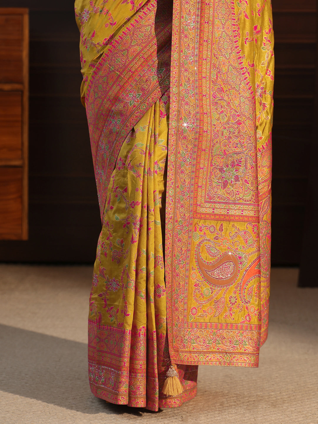  Libas Art Mustard Floral Design Embellished Silk Blend Saree 