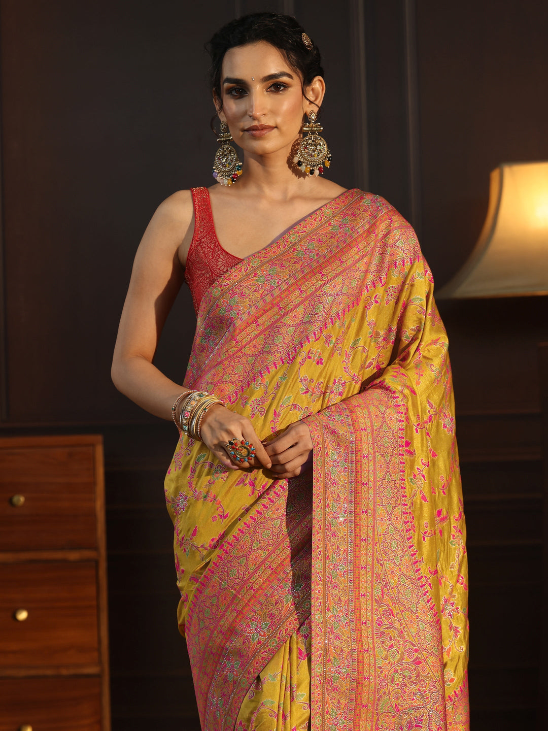  Libas Art Mustard Floral Design Embellished Silk Blend Saree 