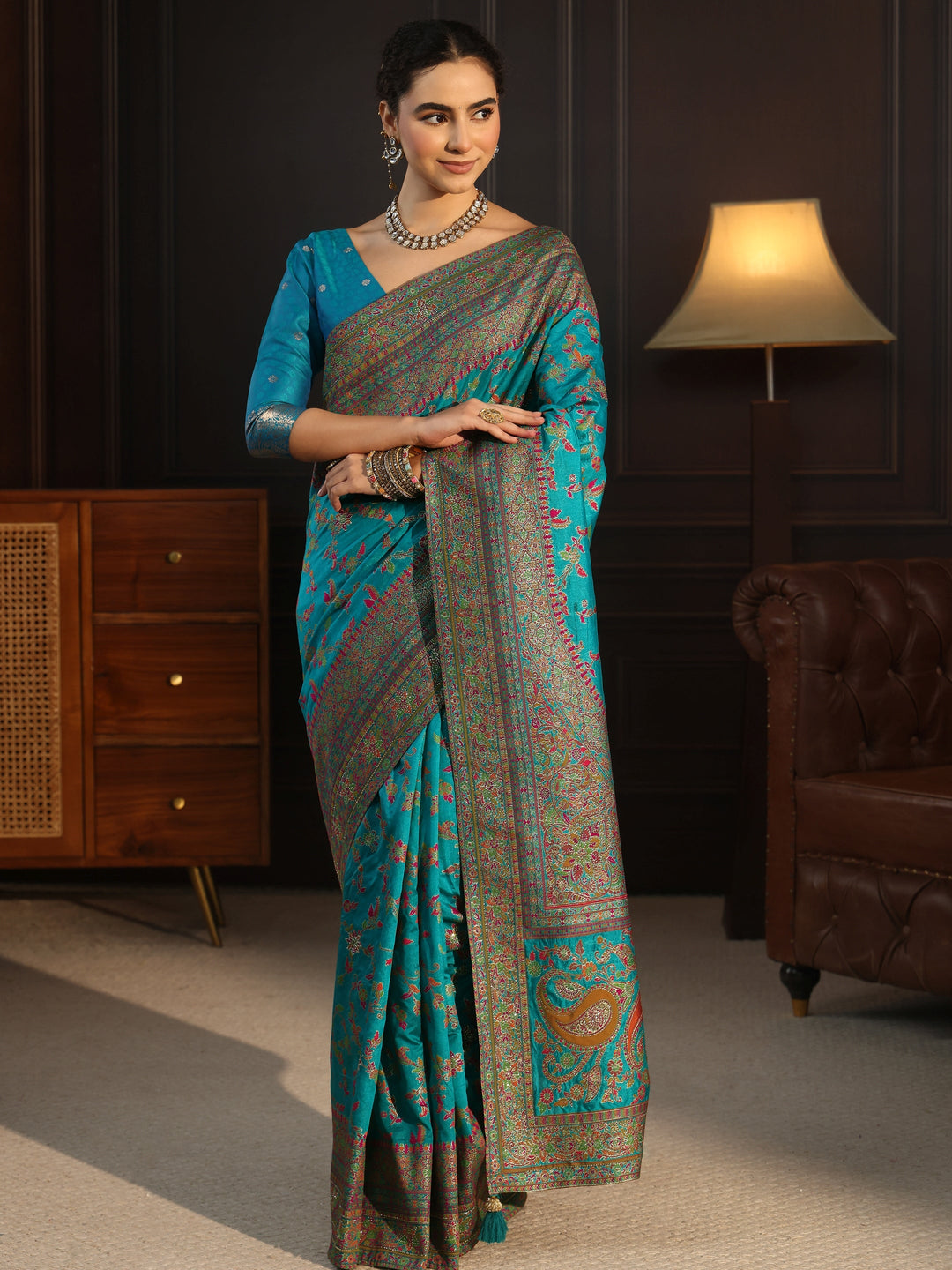  Libas Art Blue Floral Design Embellished Silk Blend Saree 