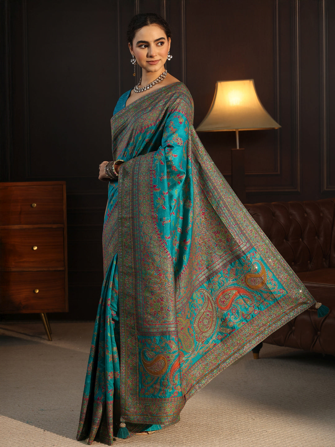  Libas Art Blue Floral Design Embellished Silk Blend Saree 