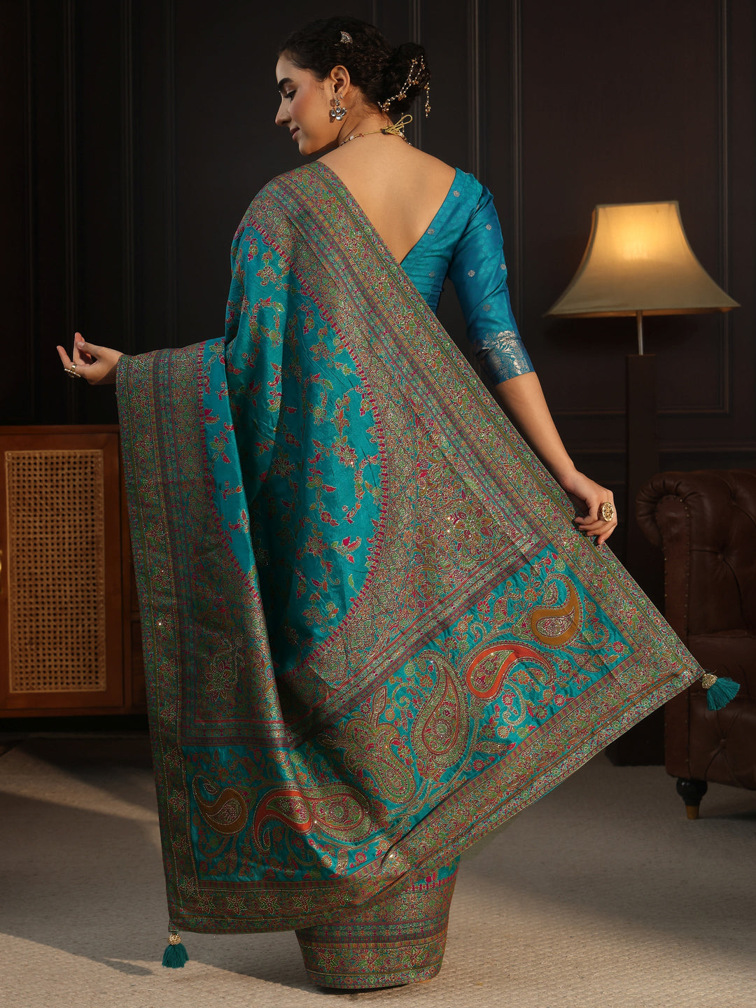  Libas Art Blue Floral Design Embellished Silk Blend Saree 