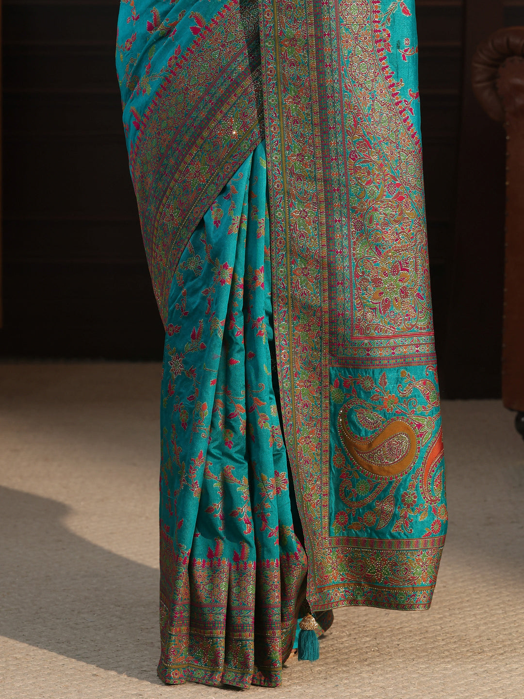  Libas Art Blue Floral Design Embellished Silk Blend Saree 