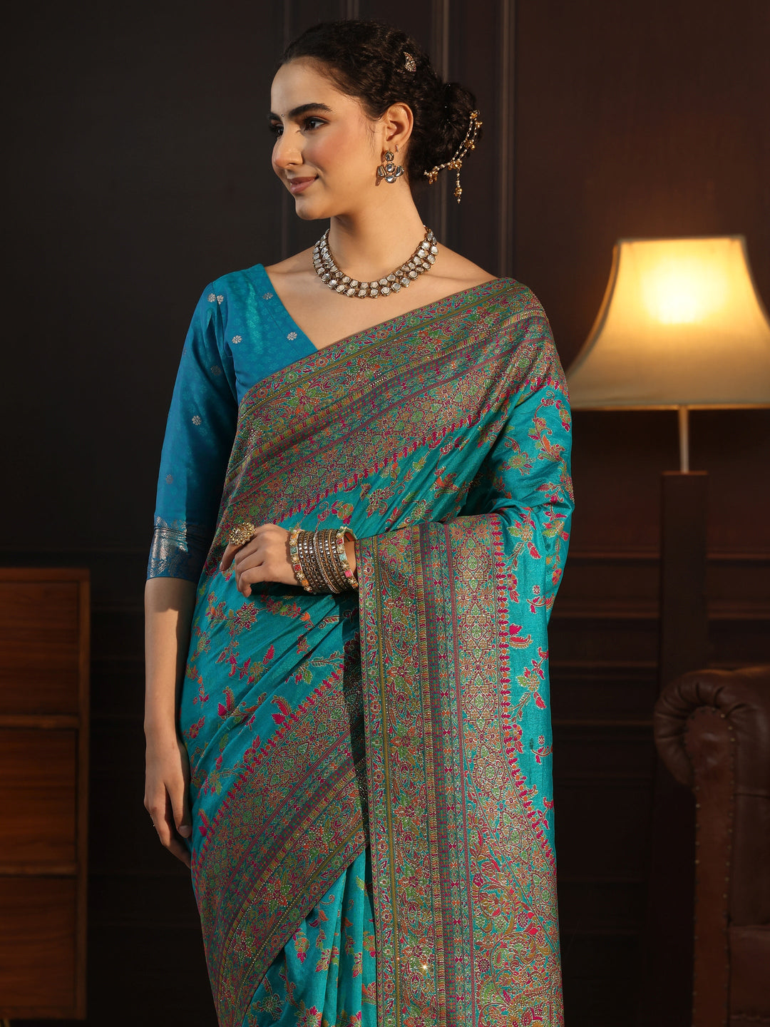  Libas Art Blue Floral Design Embellished Silk Blend Saree 