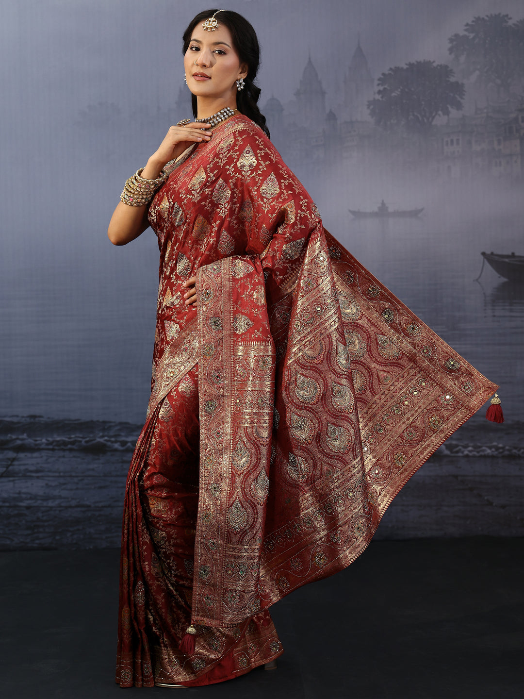  Libas Art Maroon Ethnic Woven Design Stone Work Satin Saree 