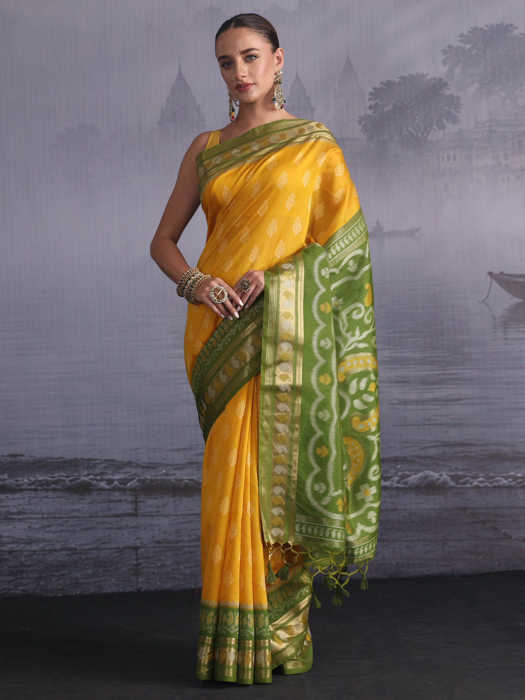  Libas Yellow and Green Woven Design Silk Blend Saree 