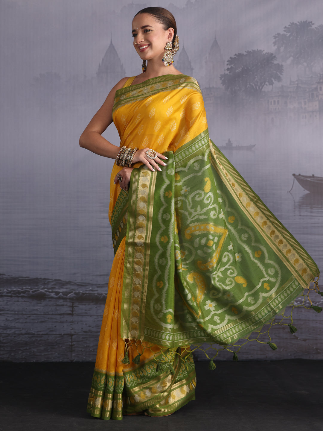  Libas Yellow and Green Woven Design Silk Blend Saree 