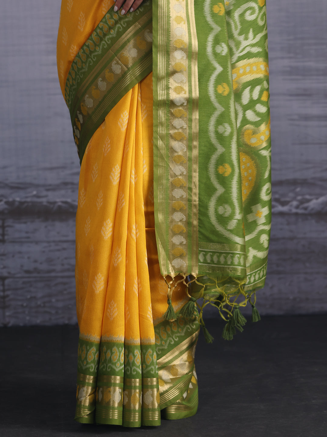  Libas Yellow and Green Woven Design Silk Blend Saree 
