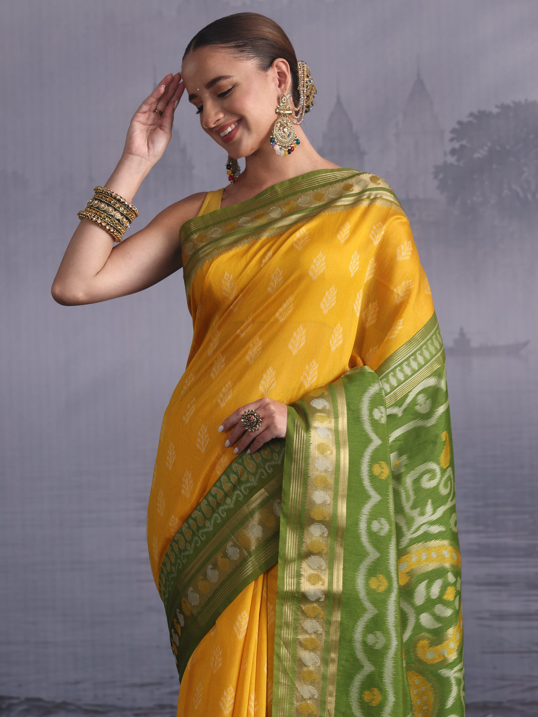  Libas Yellow and Green Woven Design Silk Blend Saree 