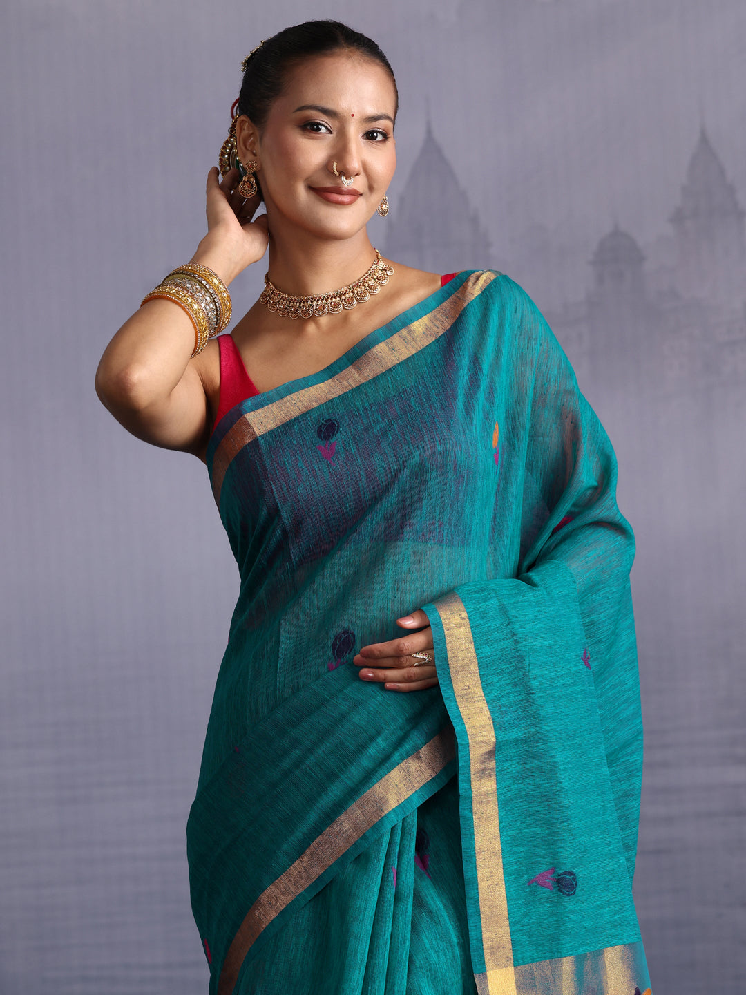  Libas Blue Floral Woven Design Cotton Blend Saree 