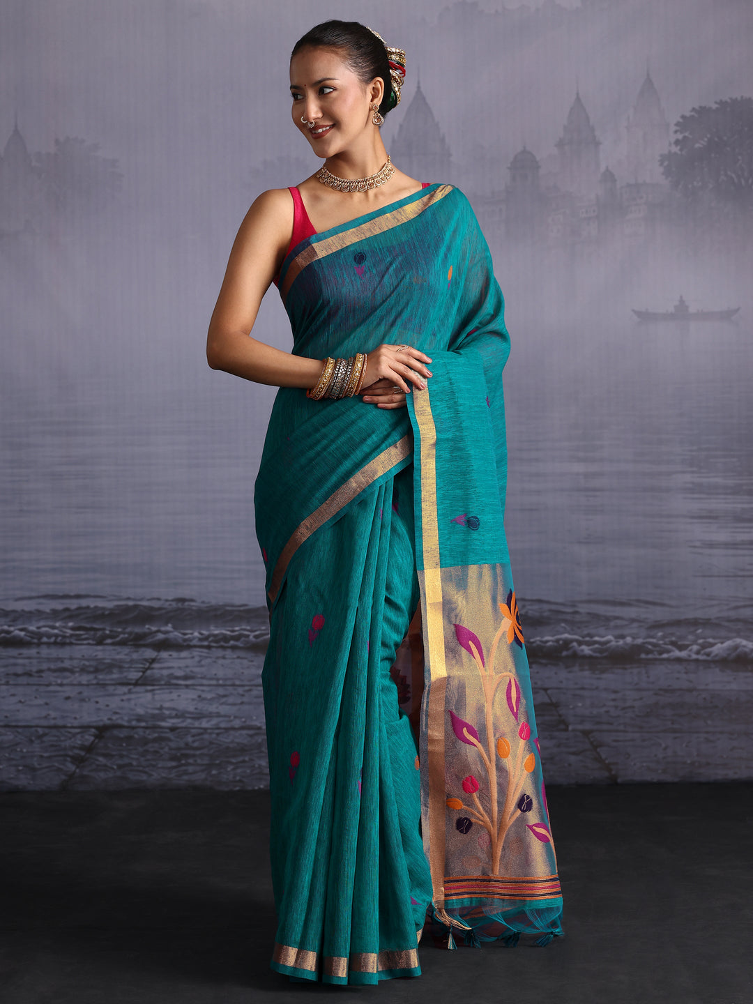  Libas Blue Floral Woven Design Cotton Blend Saree 
