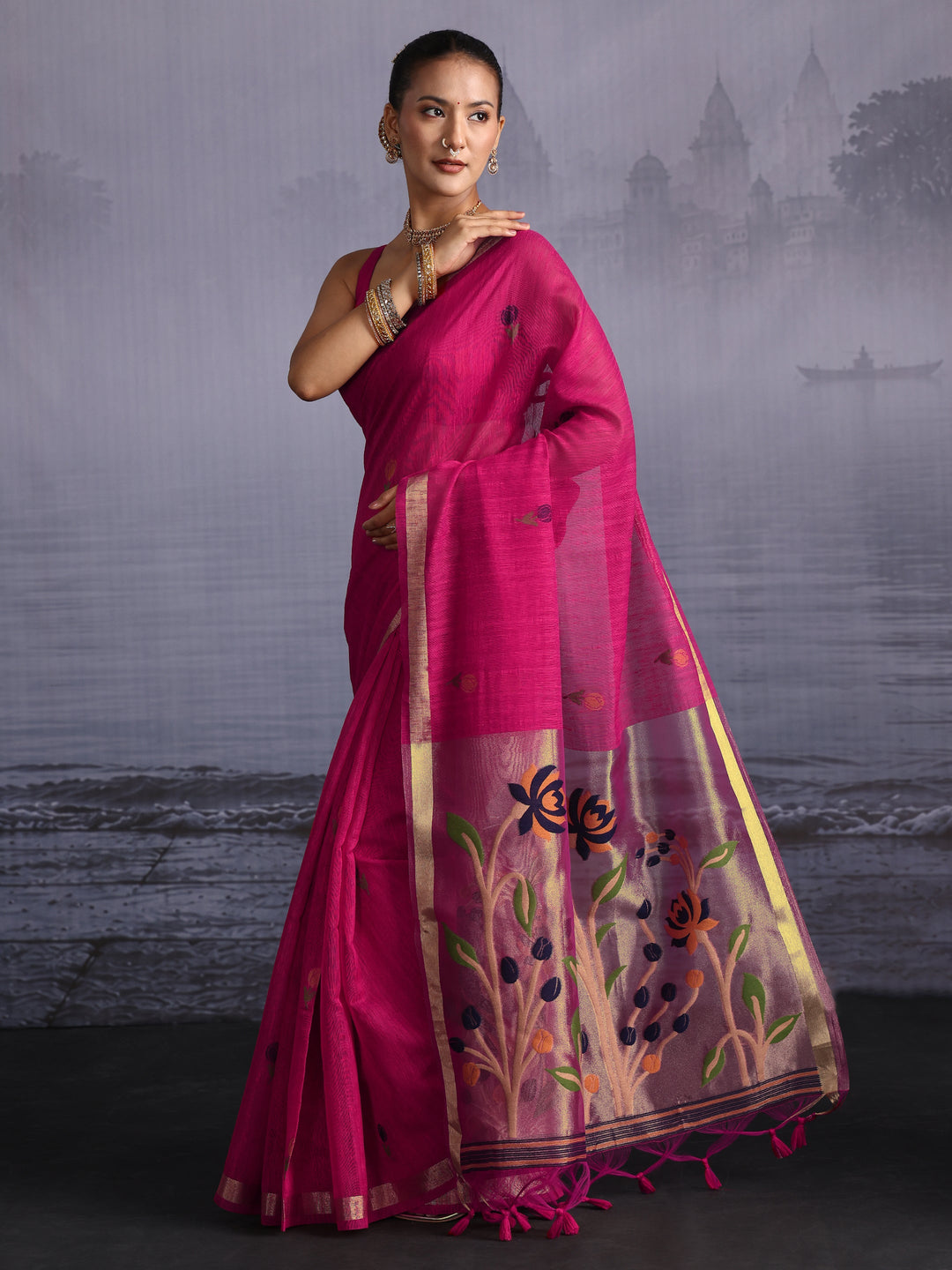  Libas Rani Pink Floral Woven Design Cotton Blend Saree 