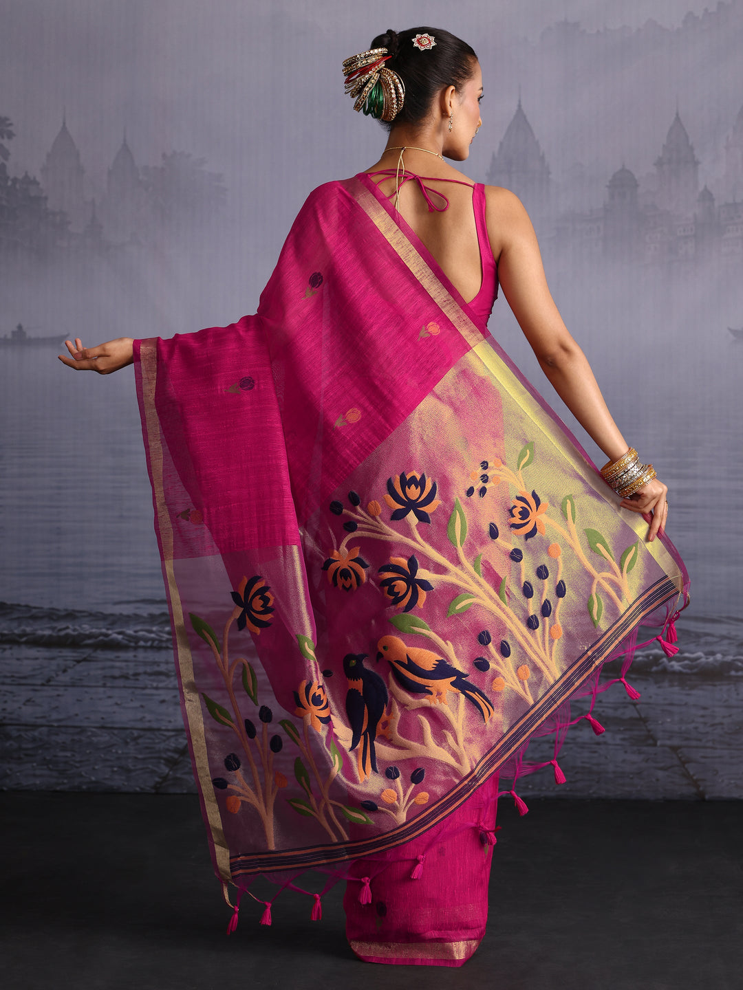 Libas Rani Pink Floral Woven Design Cotton Blend Saree 
