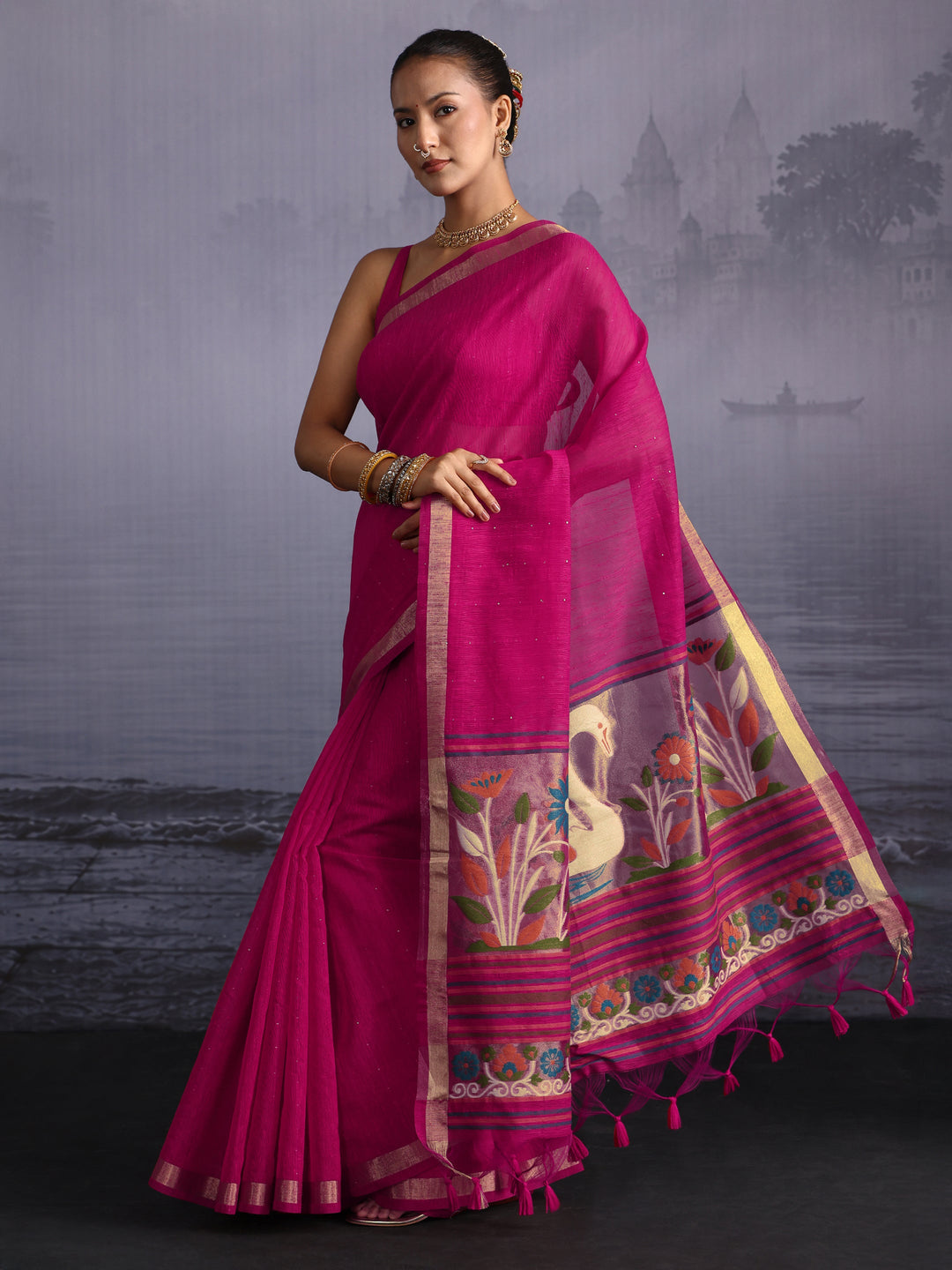  Libas Pink Cotton Blend Saree with Floral Woven Design Pallu 