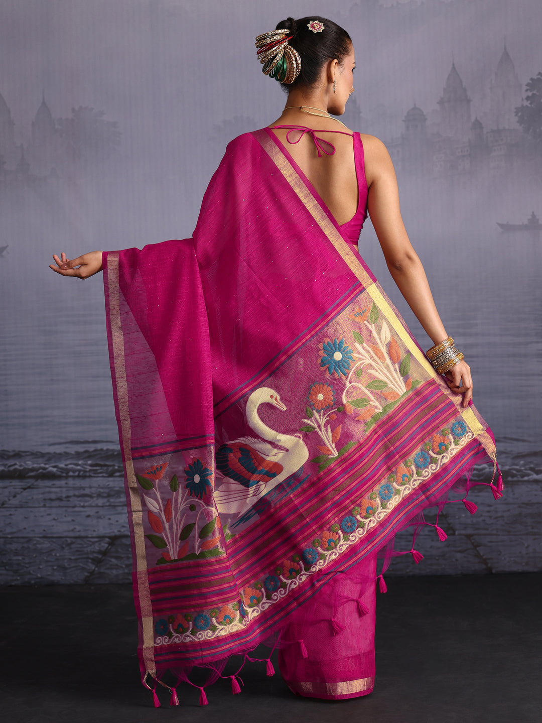  Libas Pink Cotton Blend Saree with Floral Woven Design Pallu 