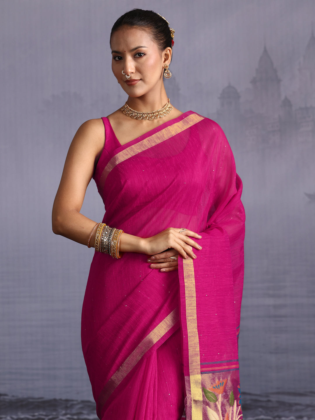  Libas Pink Cotton Blend Saree with Floral Woven Design Pallu 