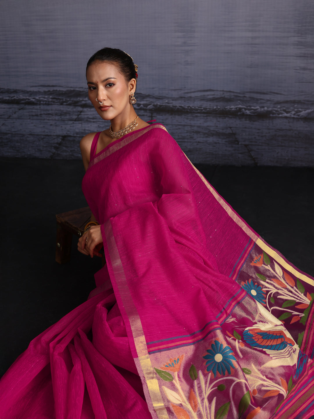  Libas Pink Cotton Blend Saree with Floral Woven Design Pallu 