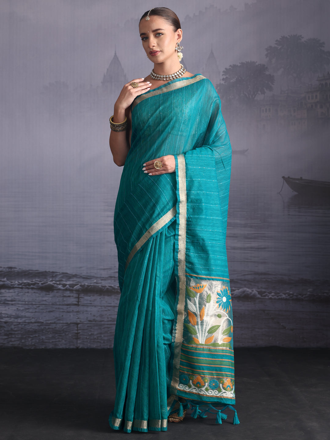  Libas Sea Green Cotton Blend Saree with Floral Woven Design Pallu 