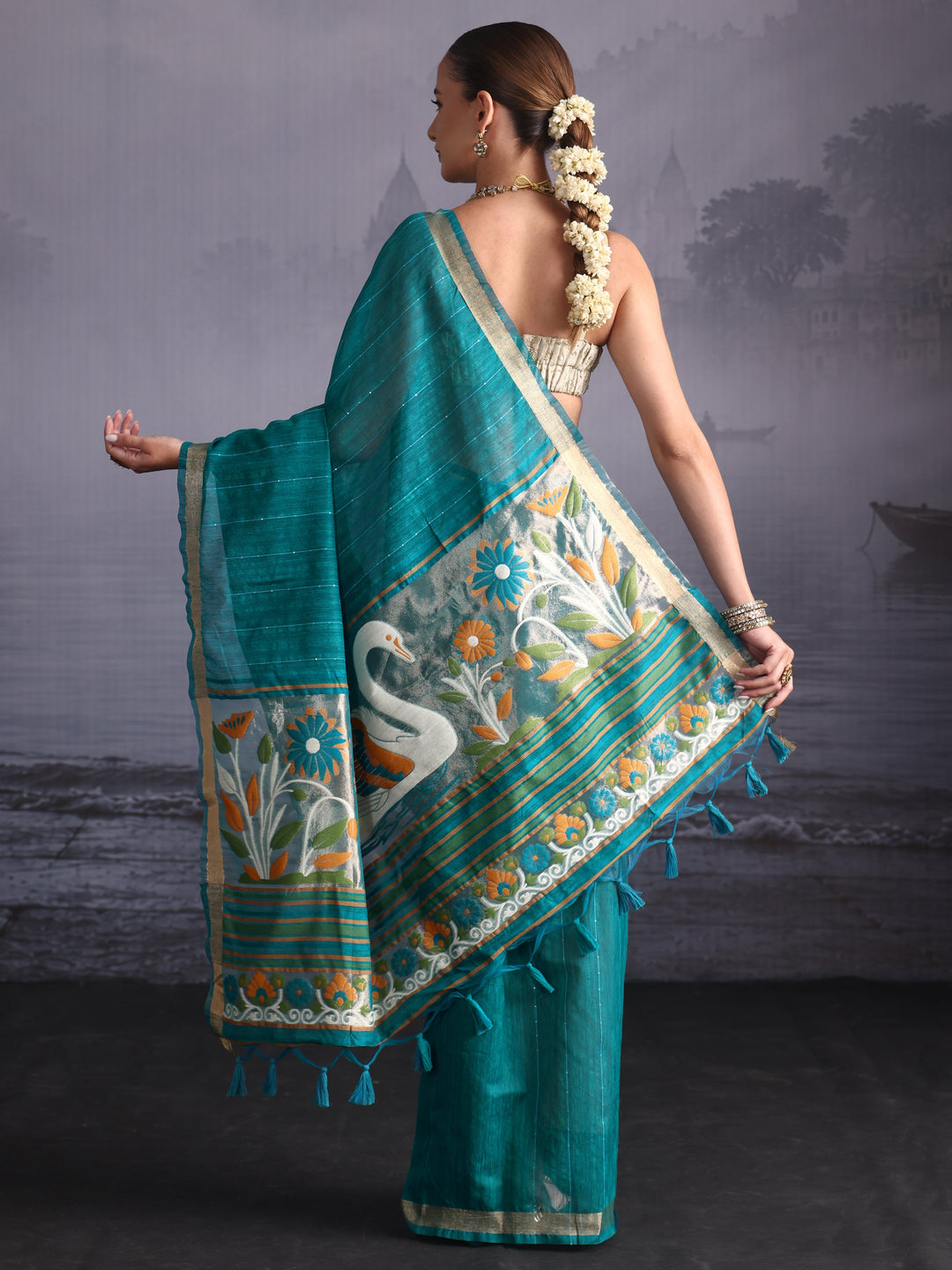  Libas Sea Green Cotton Blend Saree with Floral Woven Design Pallu 