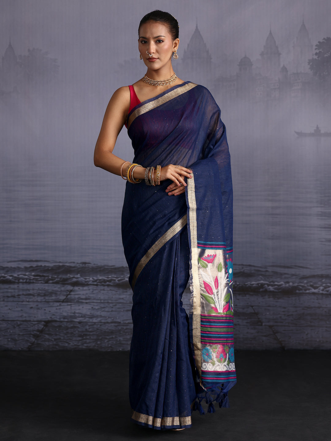  Libas Navy Blue Cotton Blend Saree with Floral Woven Design Pallu 