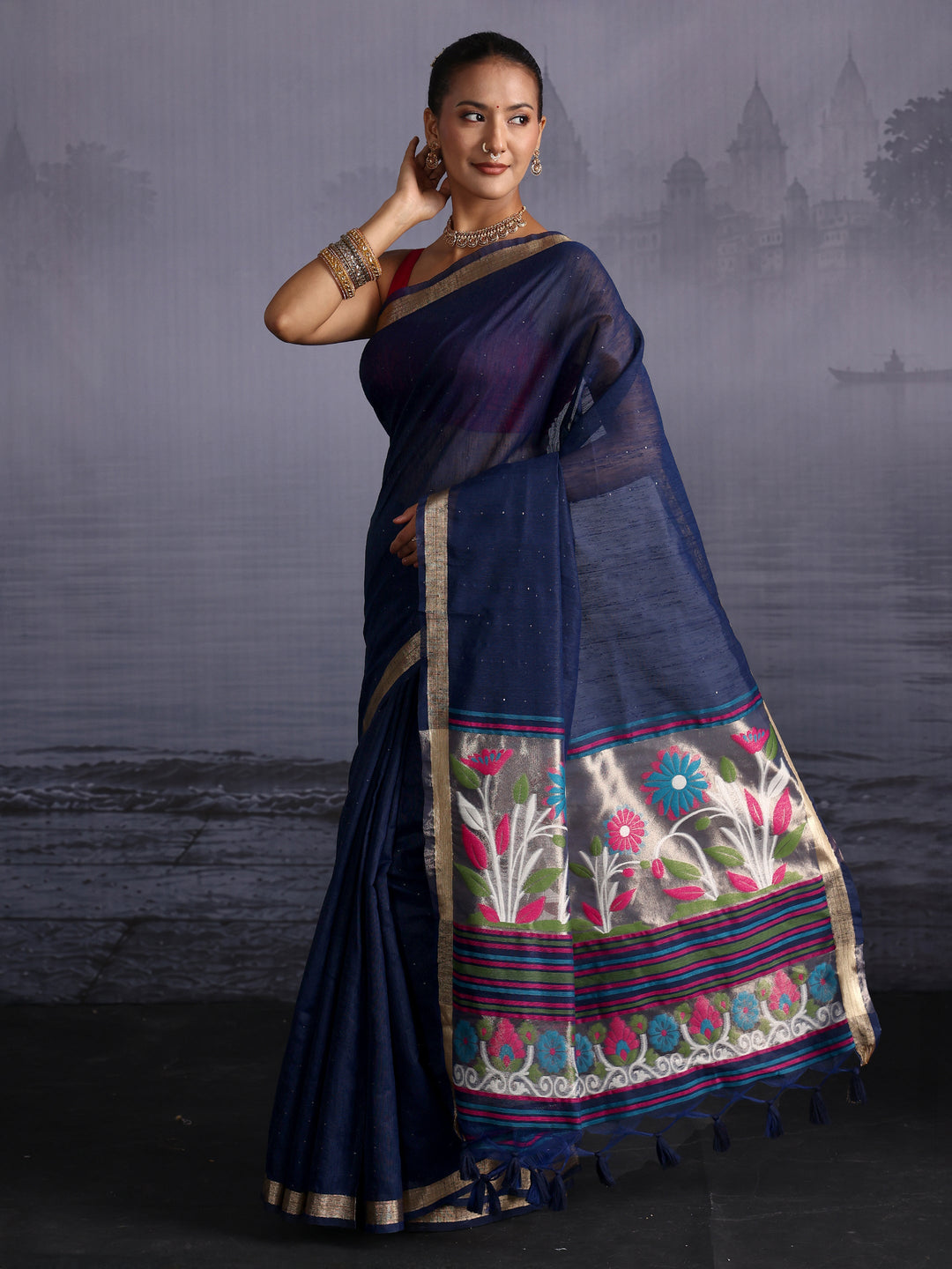  Libas Navy Blue Cotton Blend Saree with Floral Woven Design Pallu 
