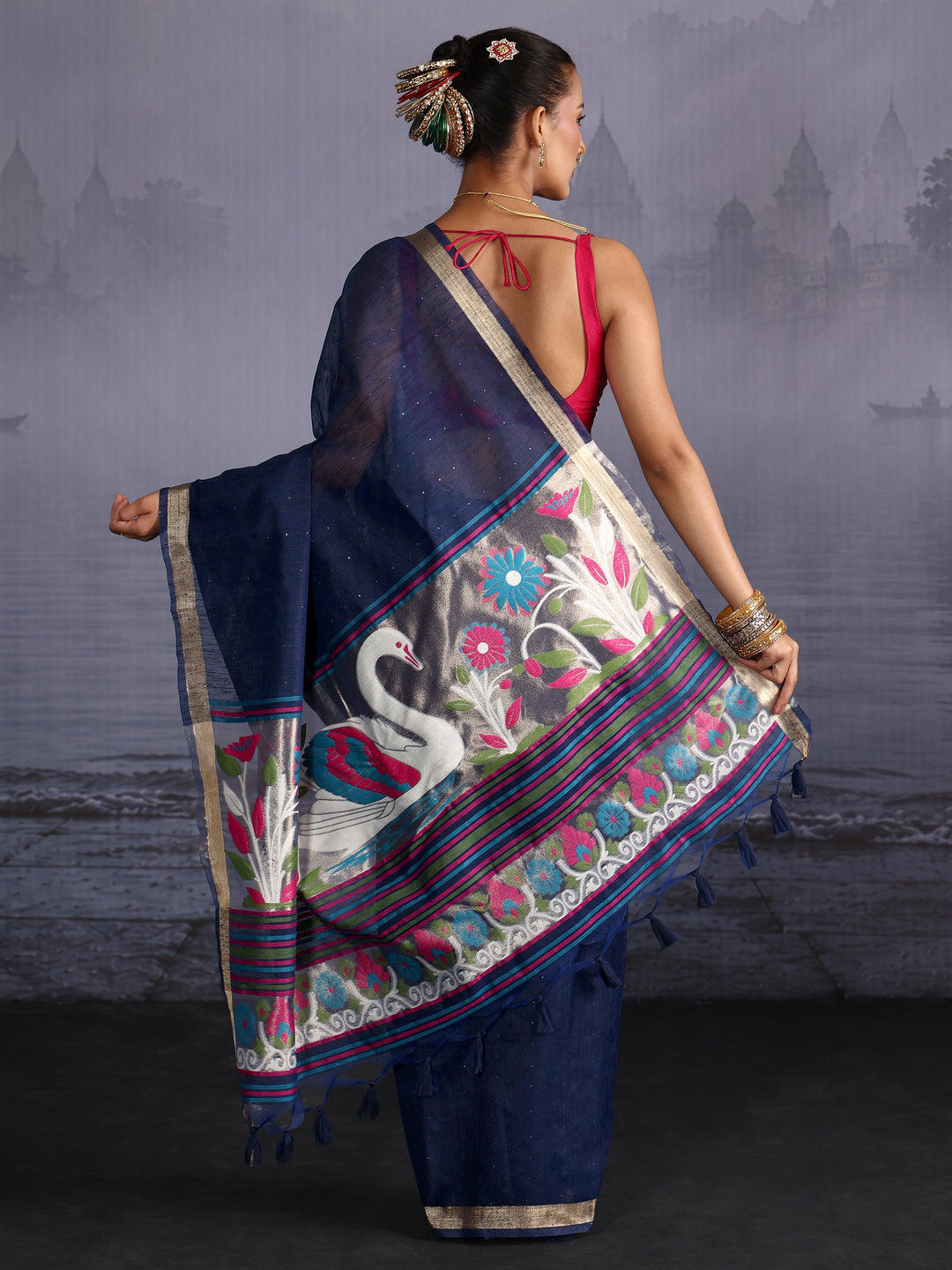  Libas Navy Blue Cotton Blend Saree with Floral Woven Design Pallu 