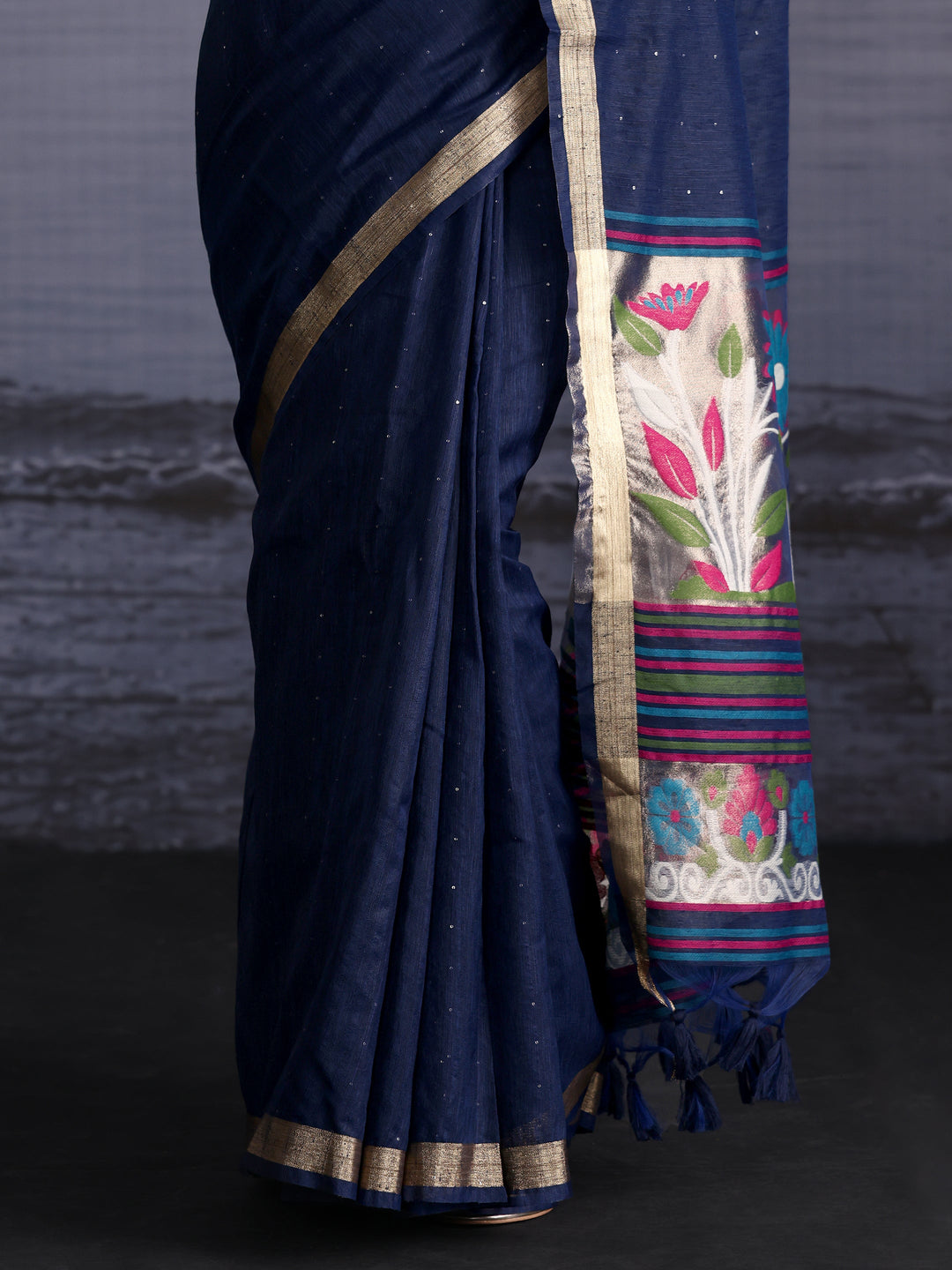  Libas Navy Blue Cotton Blend Saree with Floral Woven Design Pallu 