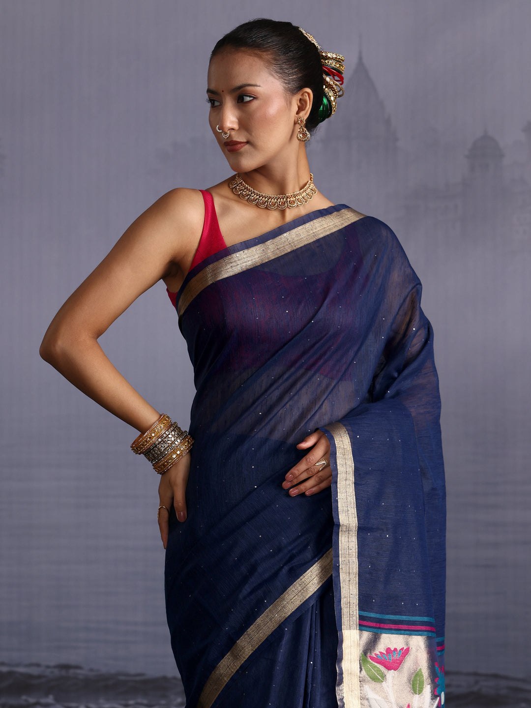  Libas Navy Blue Cotton Blend Saree with Floral Woven Design Pallu 