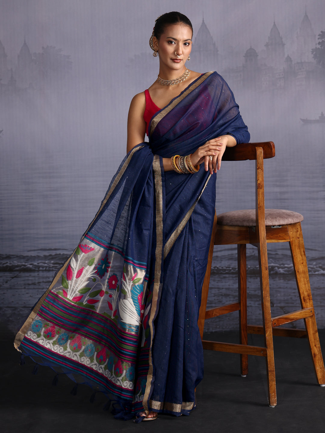  Libas Navy Blue Cotton Blend Saree with Floral Woven Design Pallu 