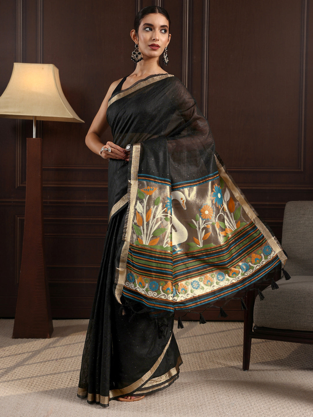  Libas Black Silk Blend Saree with Woven Design Pallu 