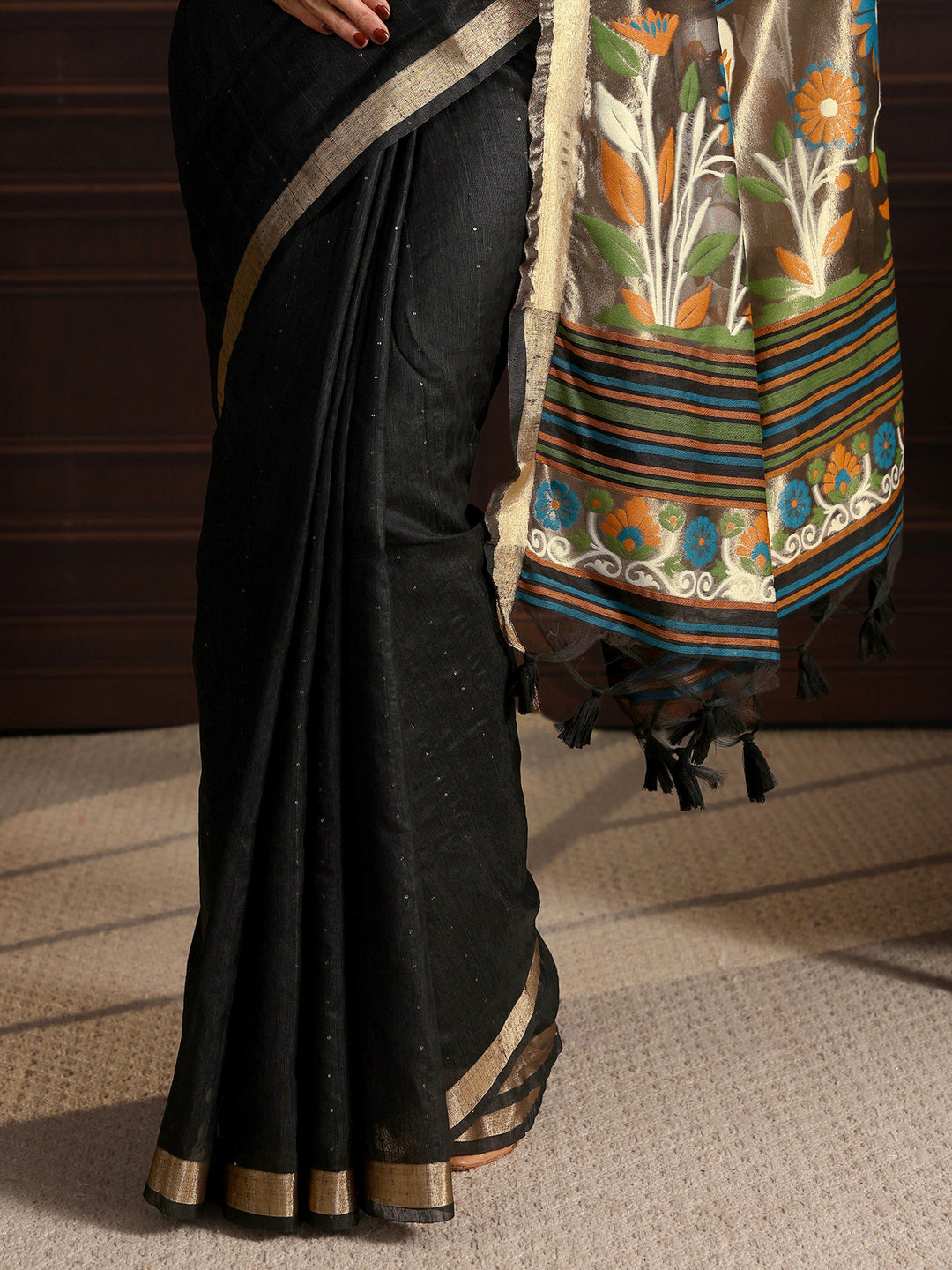  Libas Black Silk Blend Saree with Woven Design Pallu 