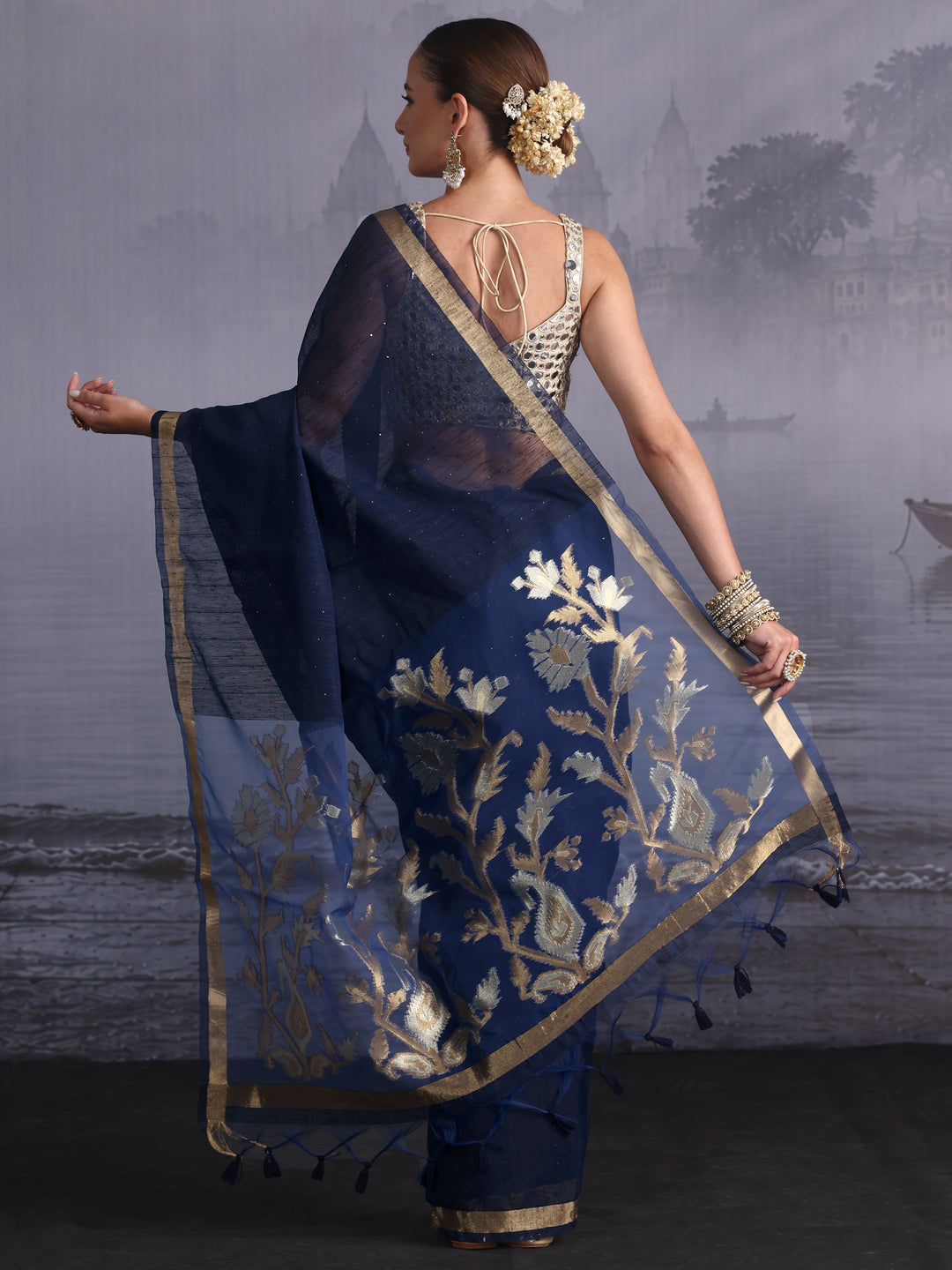  Libas Navy Cotton Blend Saree with Golden Floral Woven Design Pallu 