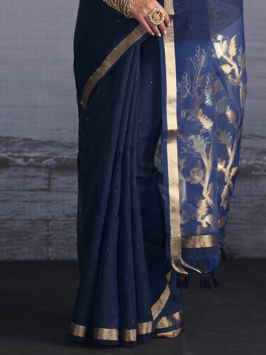  Libas Navy Cotton Blend Saree with Golden Floral Woven Design Pallu 