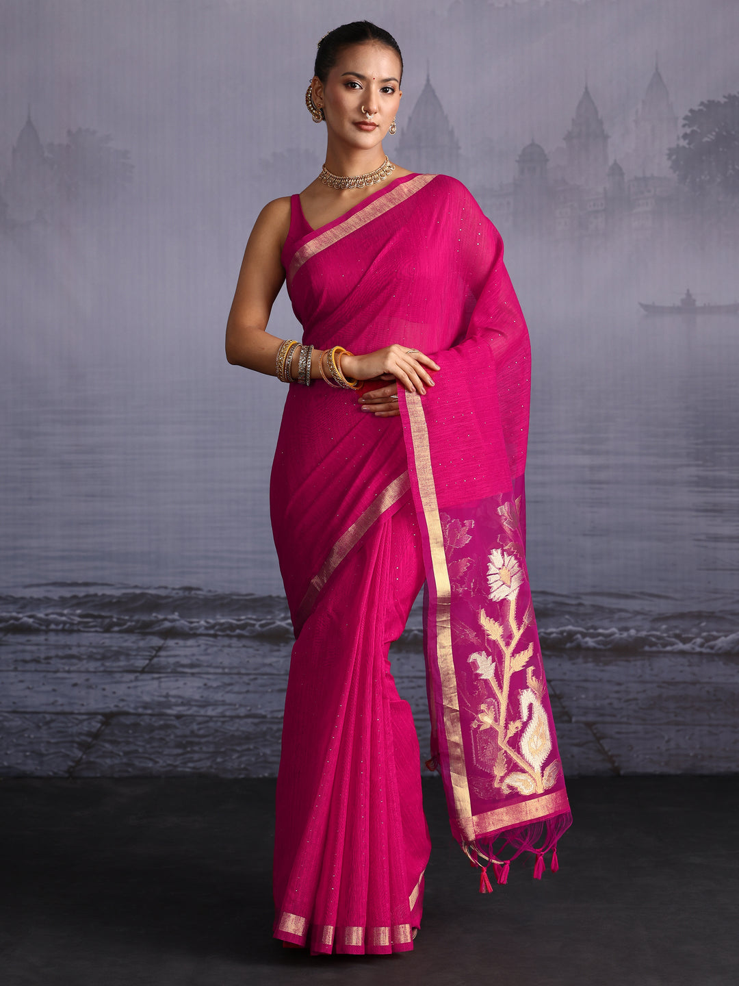  Libas Pink Cotton Blend Saree with Golden Floral Woven Design Pallu 