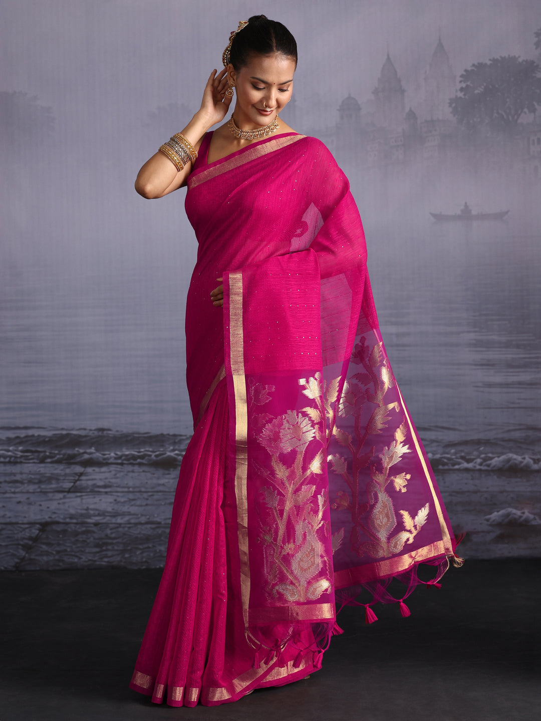  Libas Pink Cotton Blend Saree with Golden Floral Woven Design Pallu 