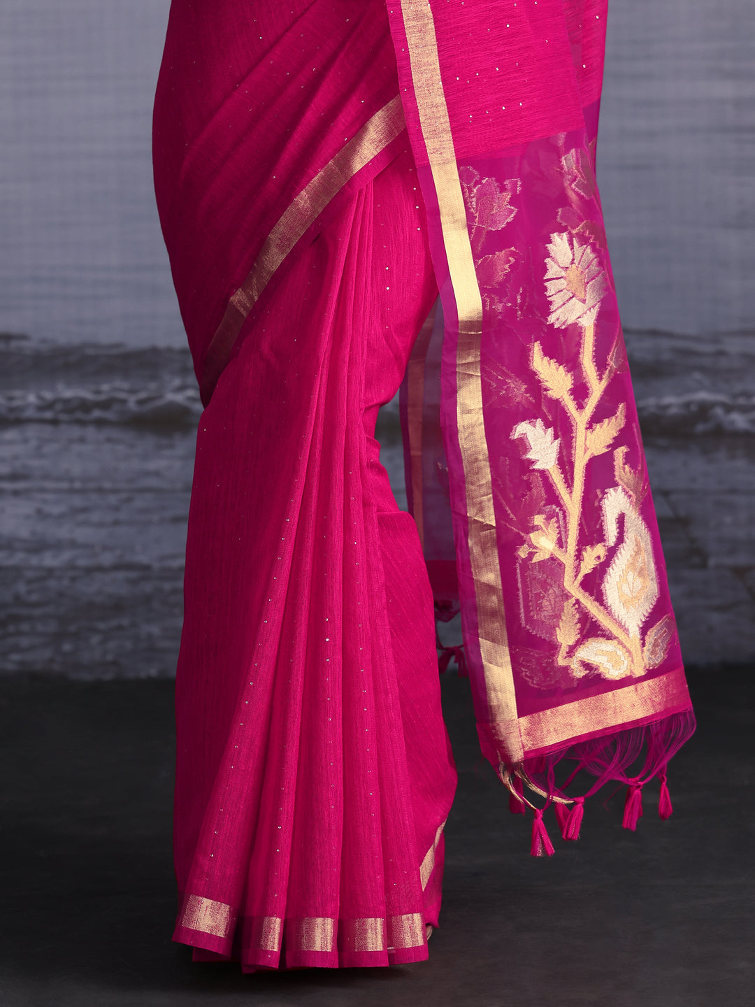  Libas Pink Cotton Blend Saree with Golden Floral Woven Design Pallu 