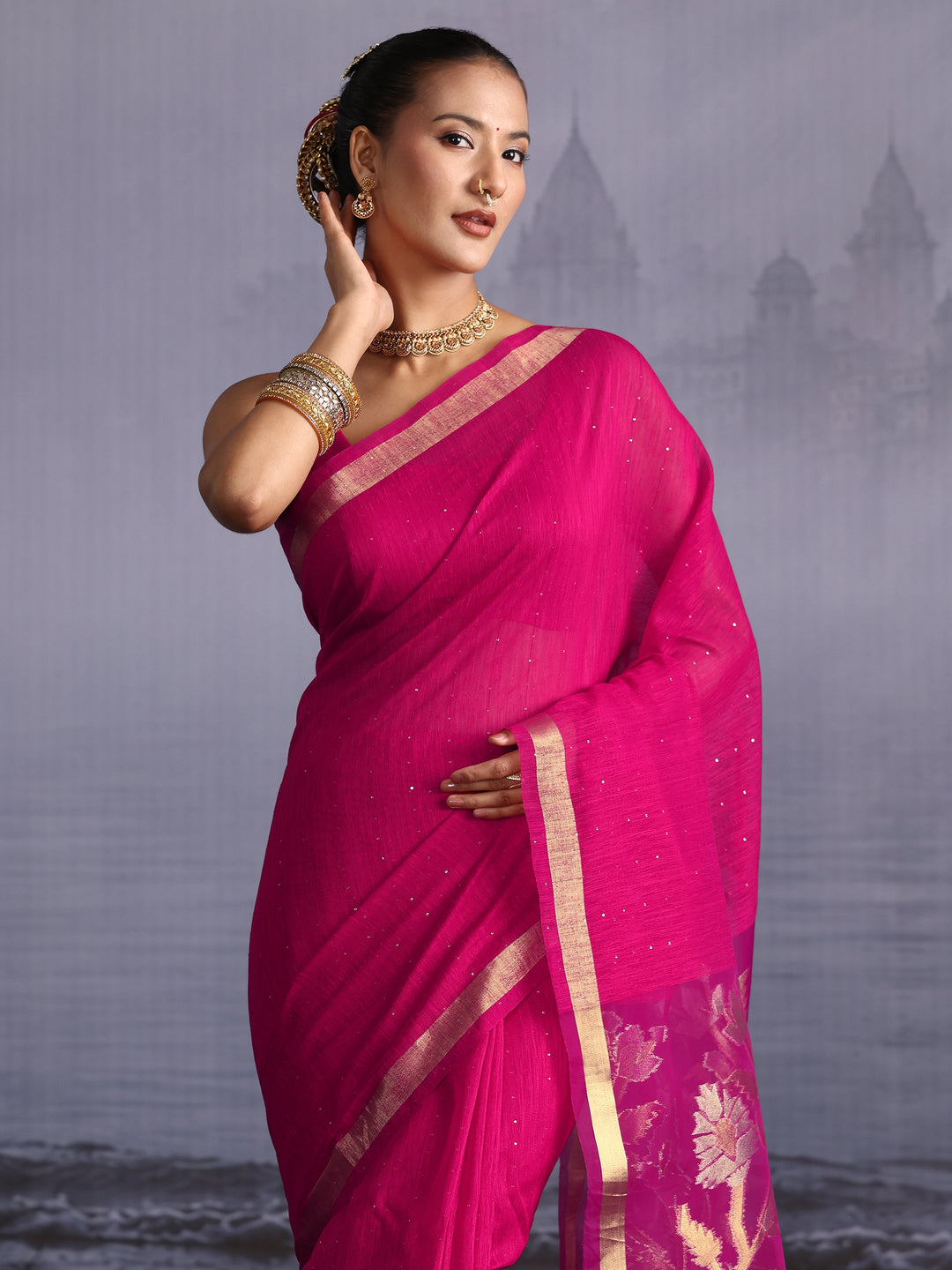  Libas Pink Cotton Blend Saree with Golden Floral Woven Design Pallu 