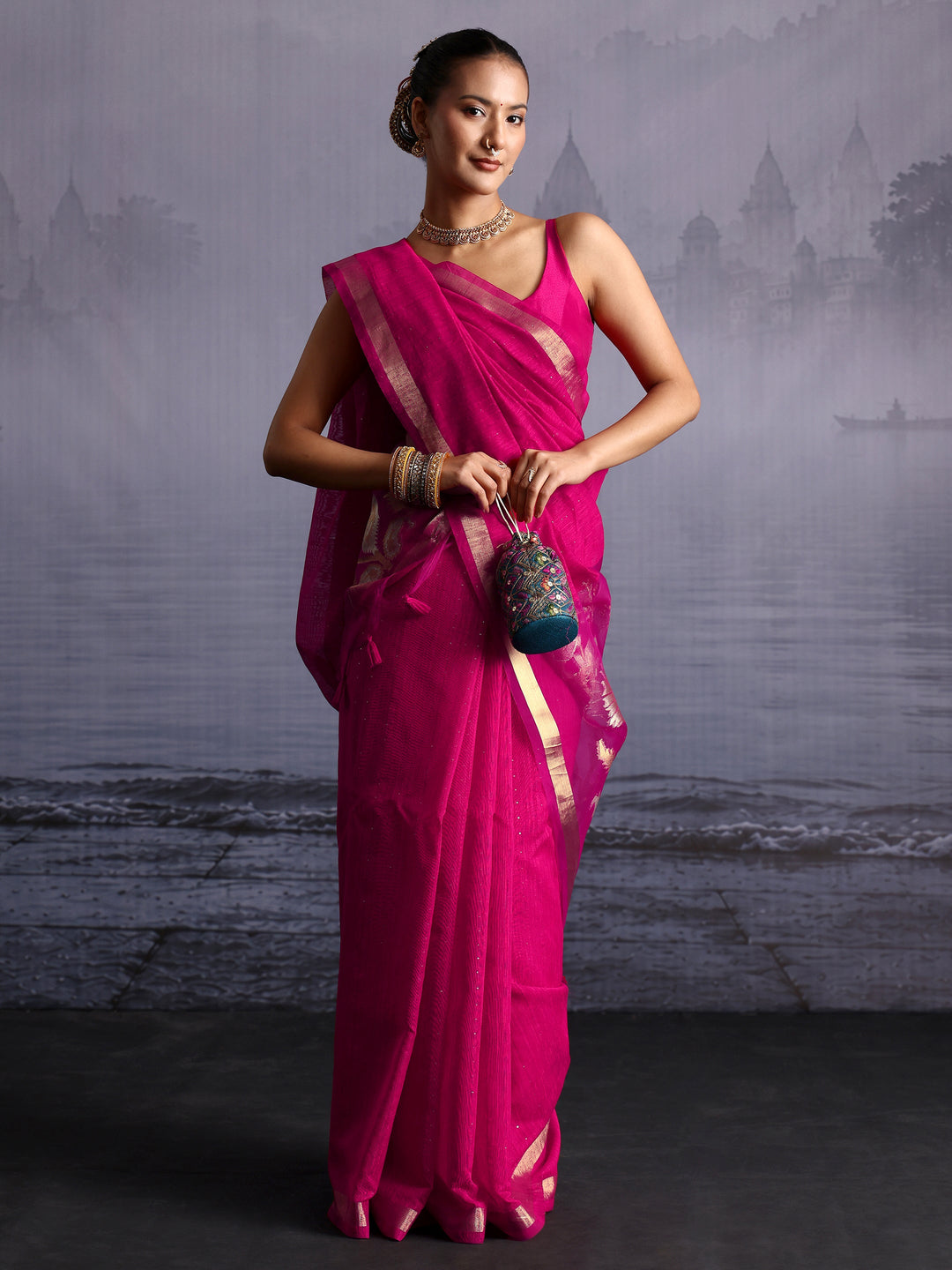  Libas Pink Cotton Blend Saree with Golden Floral Woven Design Pallu 