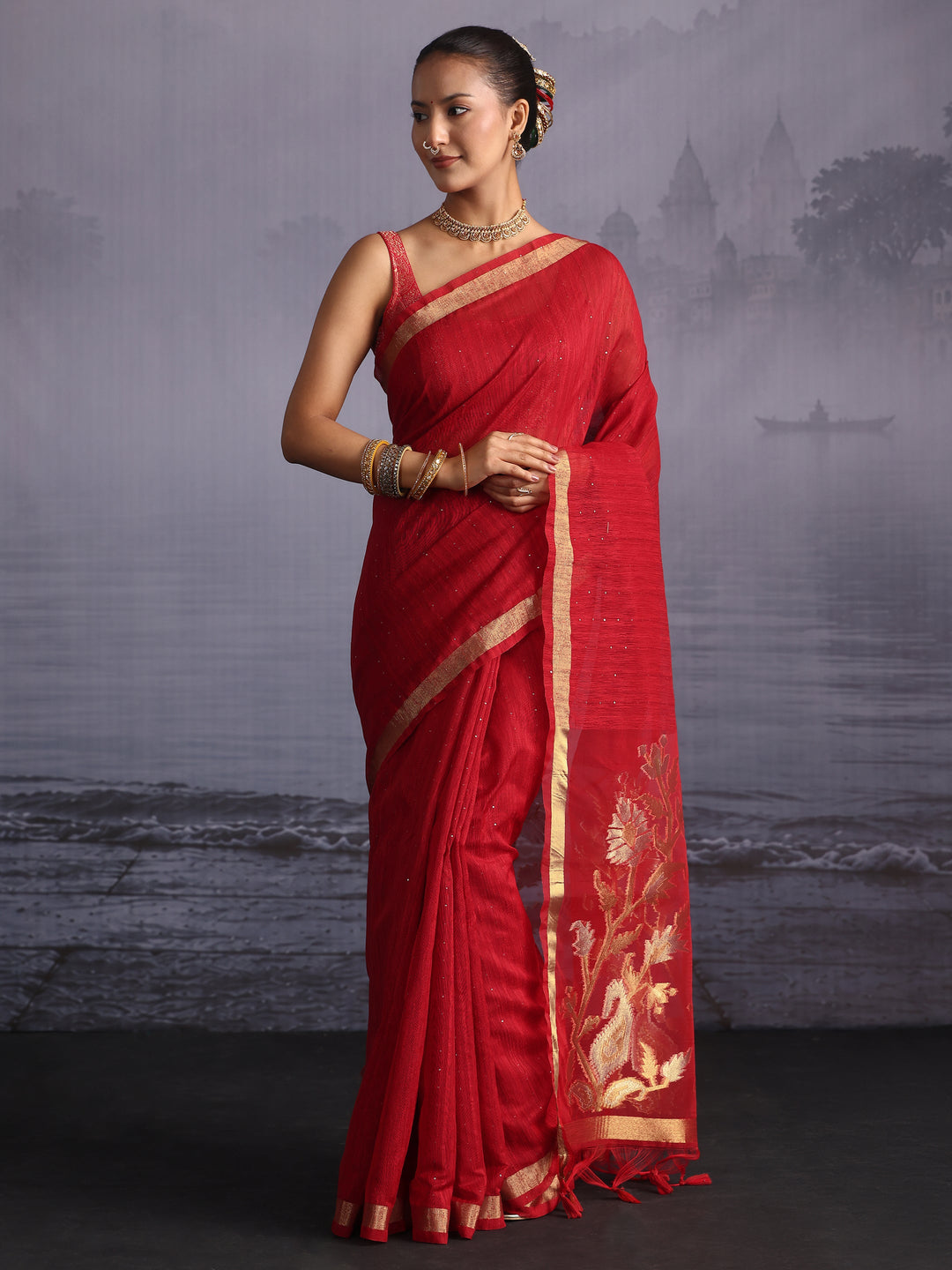  Libas Red Cotton Blend Saree with Golden Floral Woven Design Pallu 