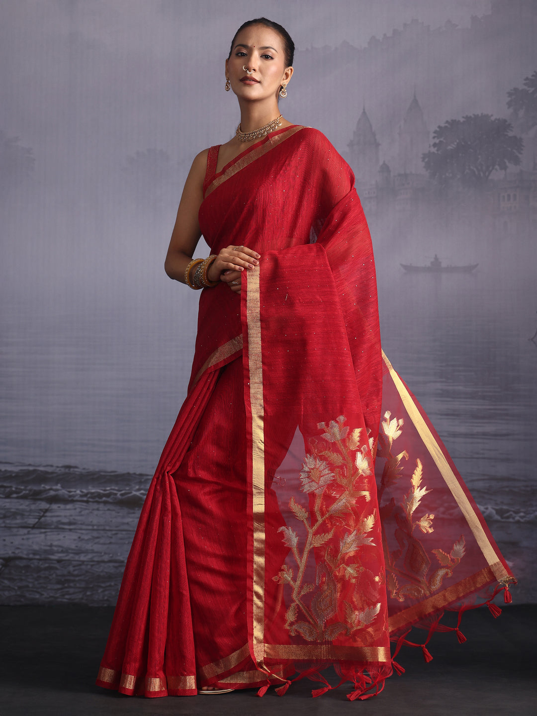  Libas Red Cotton Blend Saree with Golden Floral Woven Design Pallu 