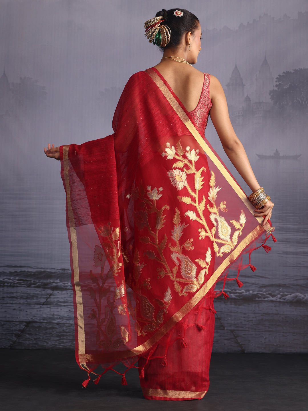 Libas Red Cotton Blend Saree with Golden Floral Woven Design Pallu 