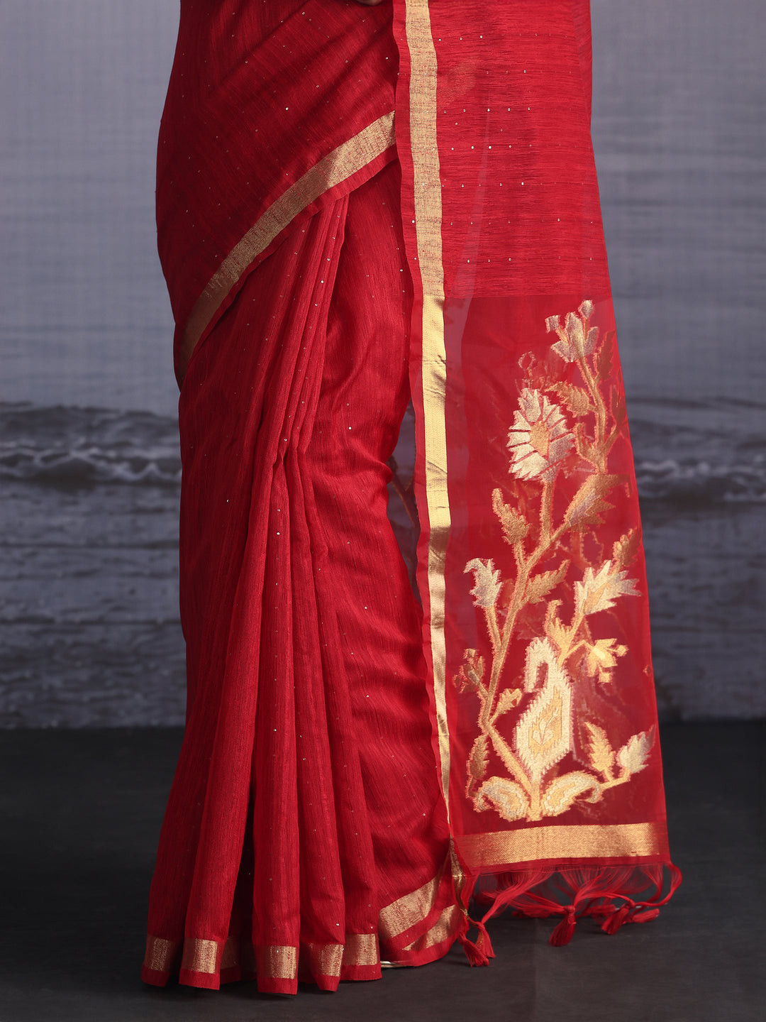  Libas Red Cotton Blend Saree with Golden Floral Woven Design Pallu 
