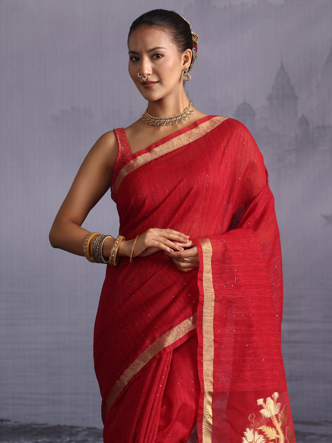  Libas Red Cotton Blend Saree with Golden Floral Woven Design Pallu 