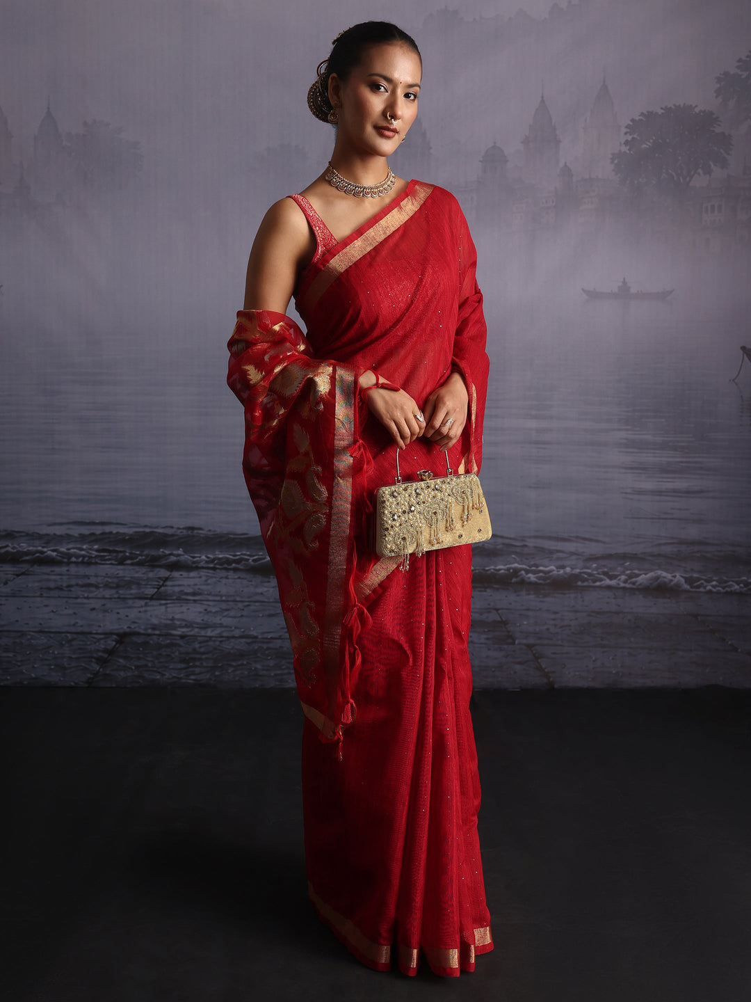  Libas Red Cotton Blend Saree with Golden Floral Woven Design Pallu 