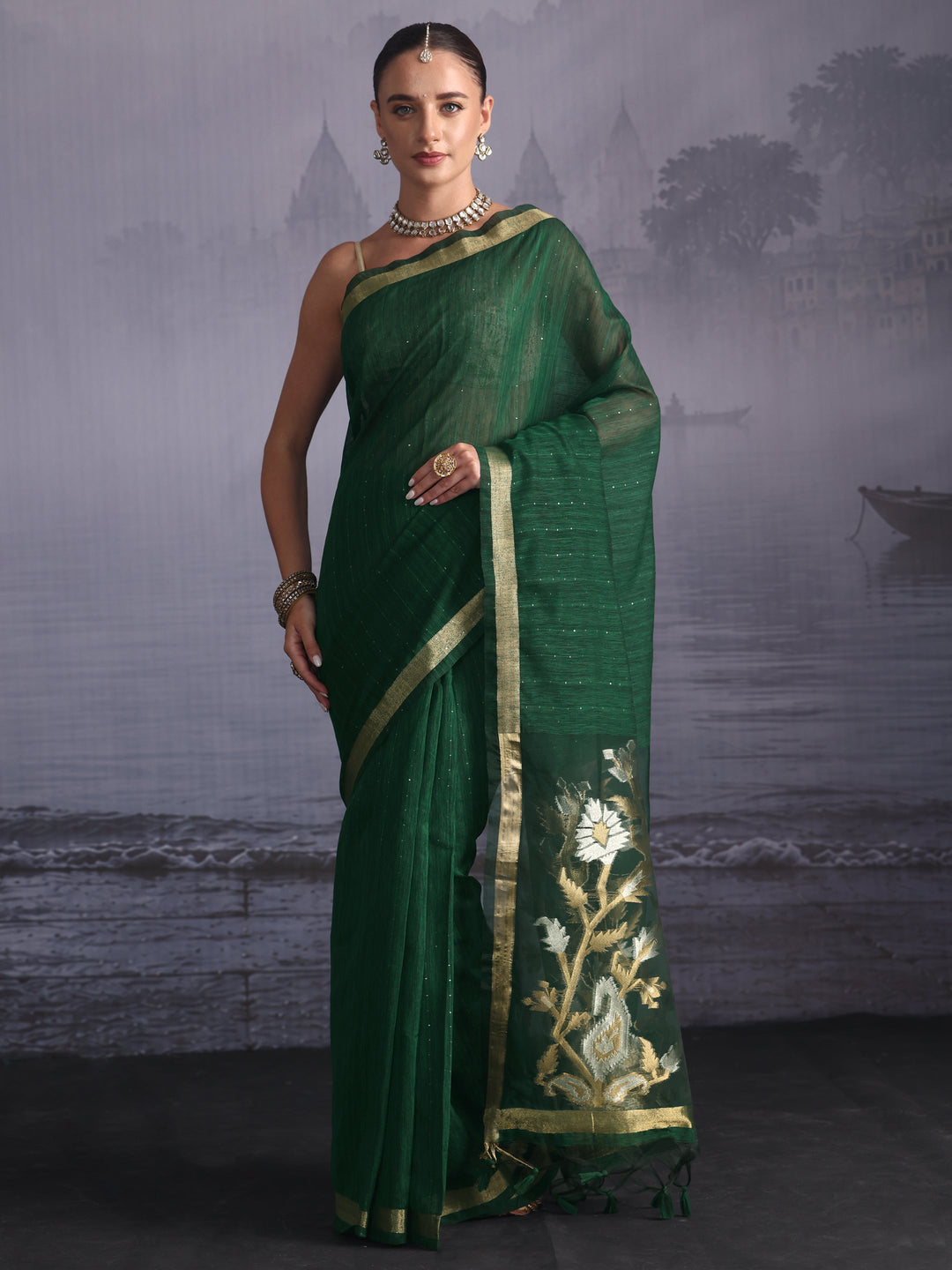  Libas Green Cotton Blend Saree with Golden Floral Woven Design Pallu 