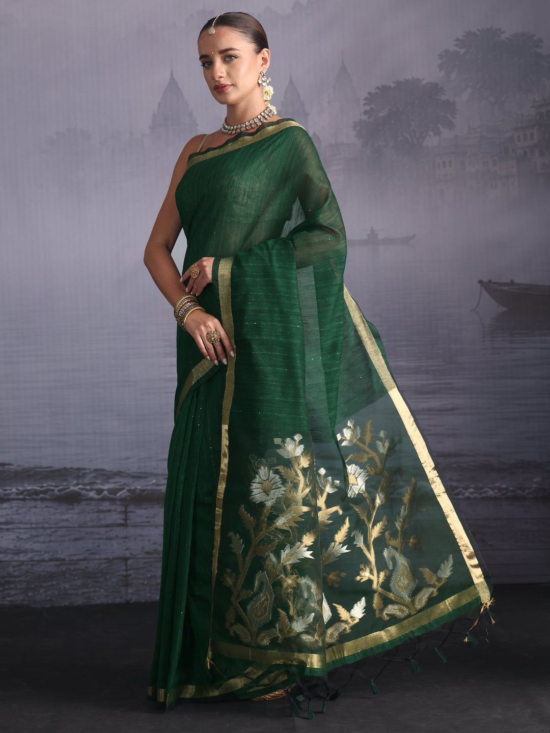  Libas Green Cotton Blend Saree with Golden Floral Woven Design Pallu 