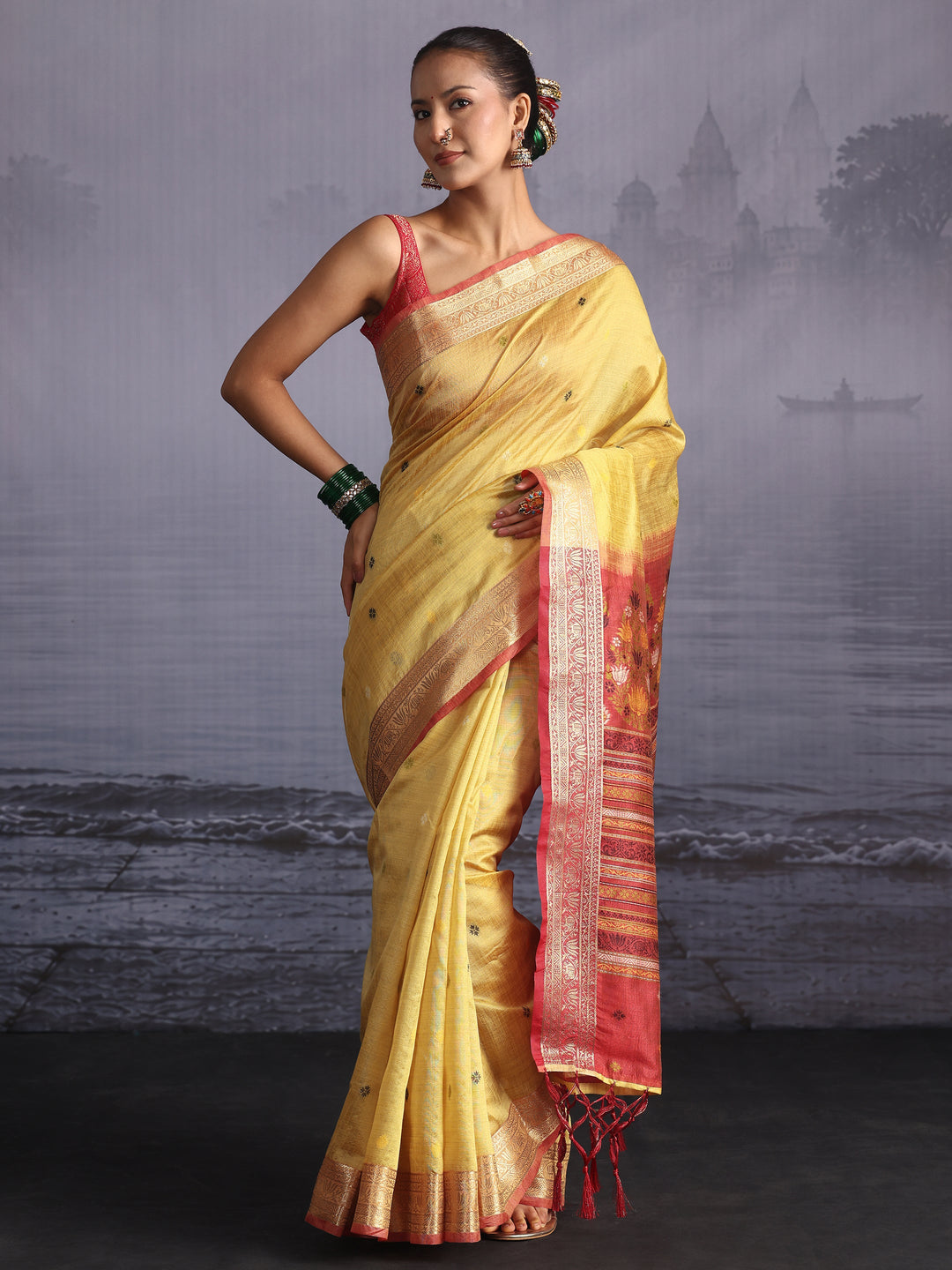  Libas Yellow Silk Blend Saree with Floral Woven Pallu 