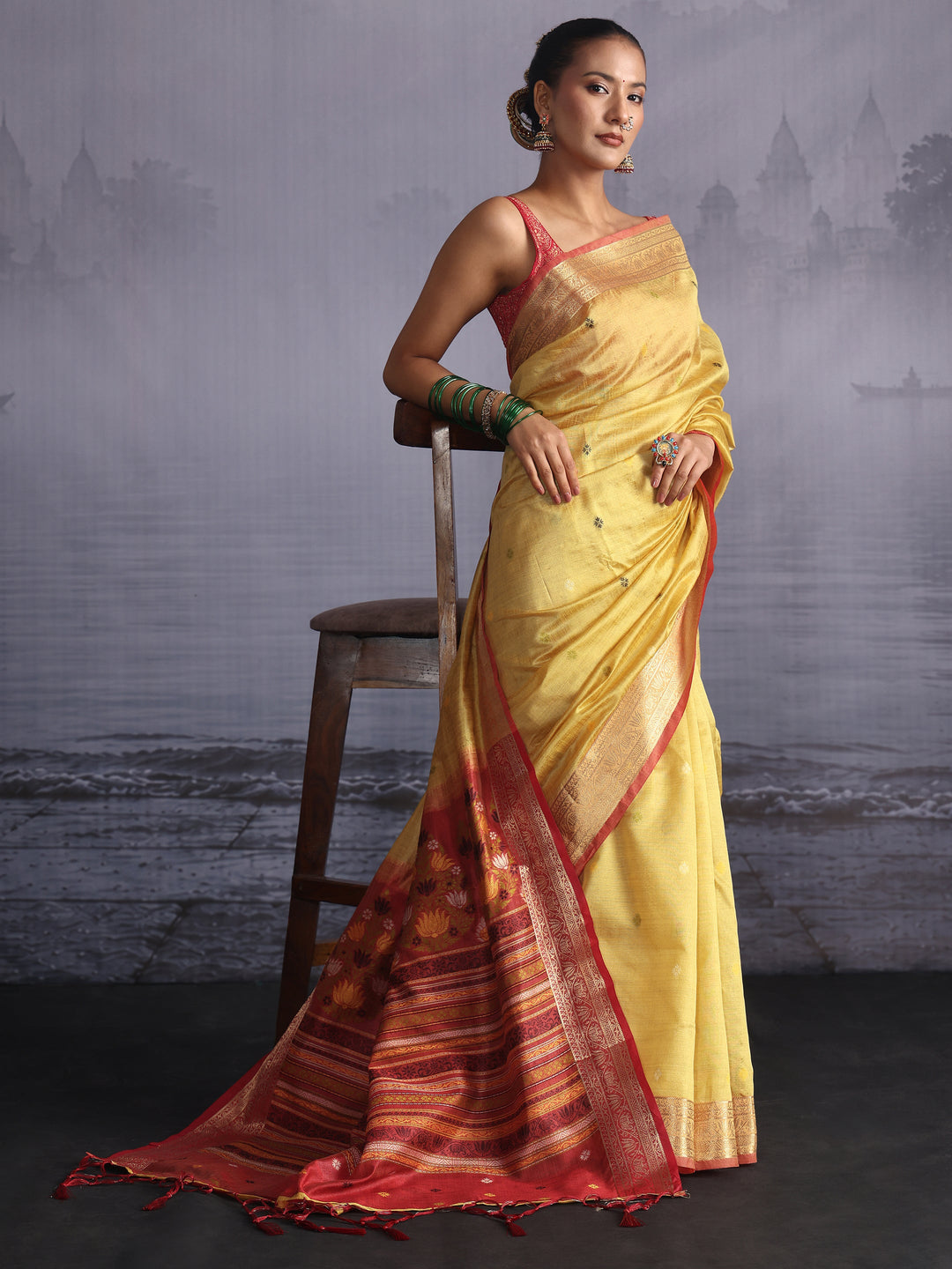  Libas Yellow Silk Blend Saree with Floral Woven Pallu 